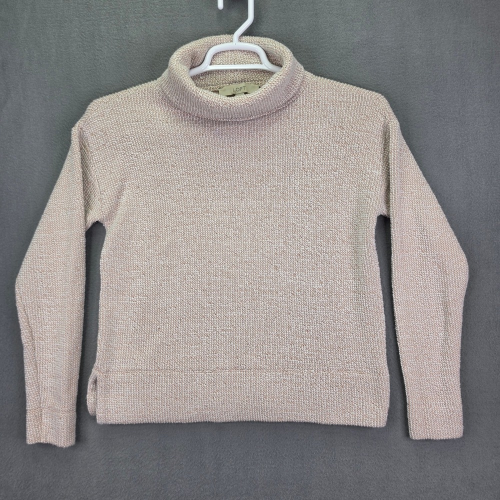 LOFT Sweater Turtleneck Textured Knit Pink White XS Cotton Blend Long Sleeve
